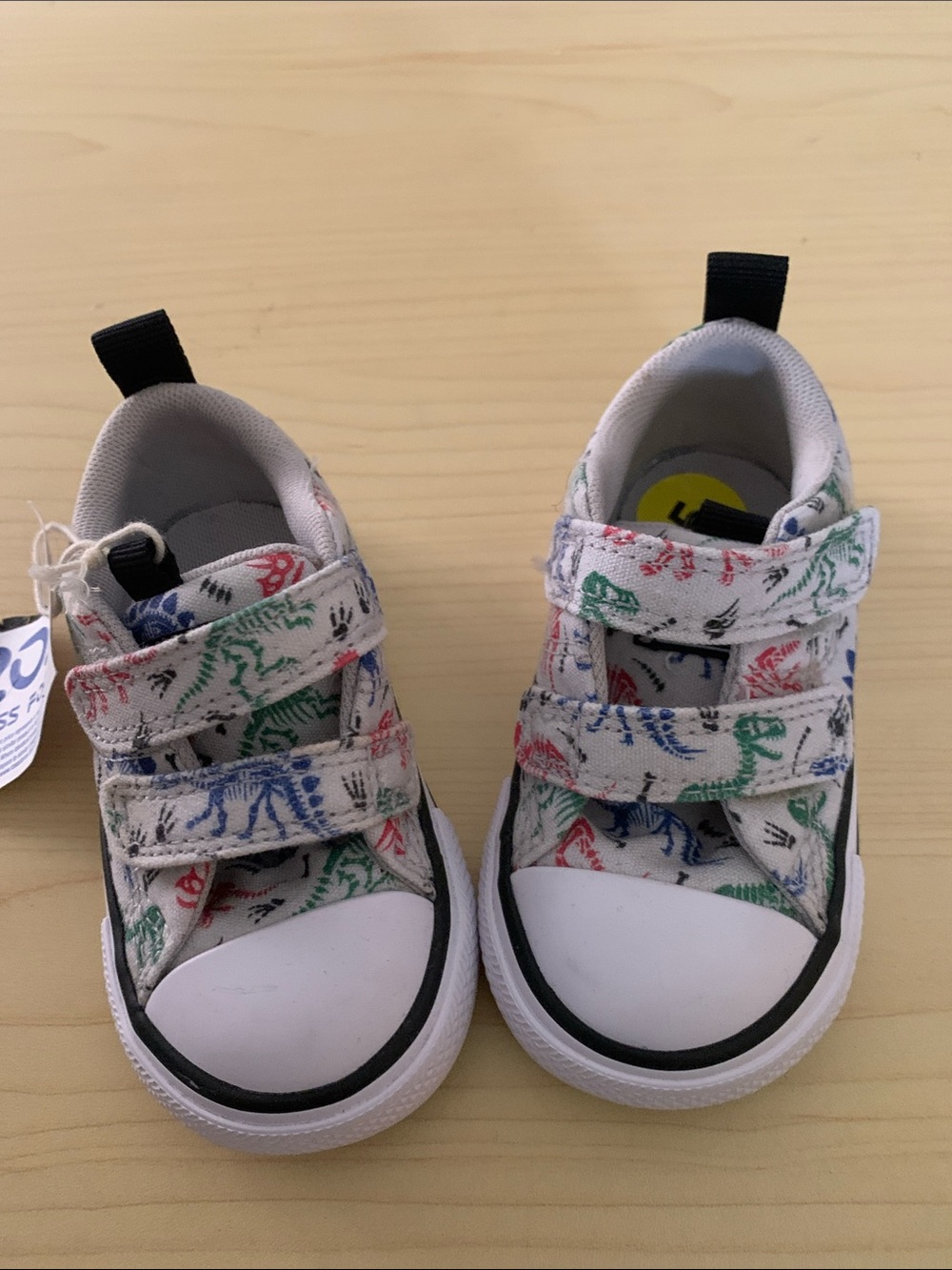 Converse Kids White Canvas Sneakers with Red, Blue & Green Dino Print